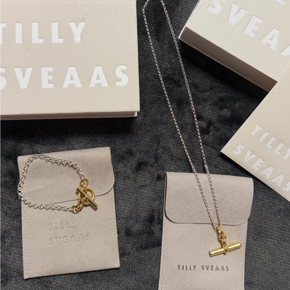 NEW Tilly Sveaas Mixed Metal silver & gold T bar Belcher bracelet & necklace